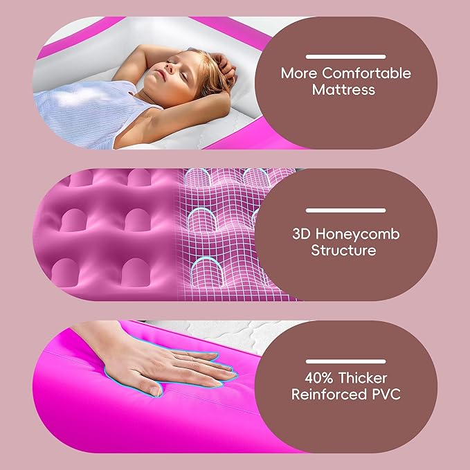 Inflatable Toddler Travel Bed, Portable Kids Air Mattress with Soft Bed Sheet, Toddler Air Mattress with Surround Safety Bumpers, Ideal for Home Use or Travel, Includes Pump and Carry Bag,Pink