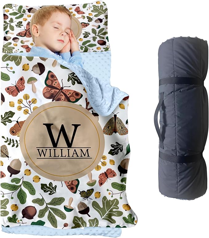 Personalized Toddler Nap Mats for Preschool, Custom Name Kids Sleeping Bag for Daycare, Roll Up Sleeping Mat with Removable Pillow and Soft Dot Minky Blanke for Boys Camping Travel