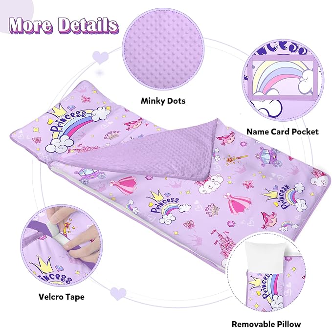 Toddler Nap Mat Kids Sleeping Bag 59"×24", Soft Slumber Bag with Removable Pillow and Blanket for Kids Girls Boys,Roll Up Sleeping Mat Thick for Camping,Daycare, Kindergarden