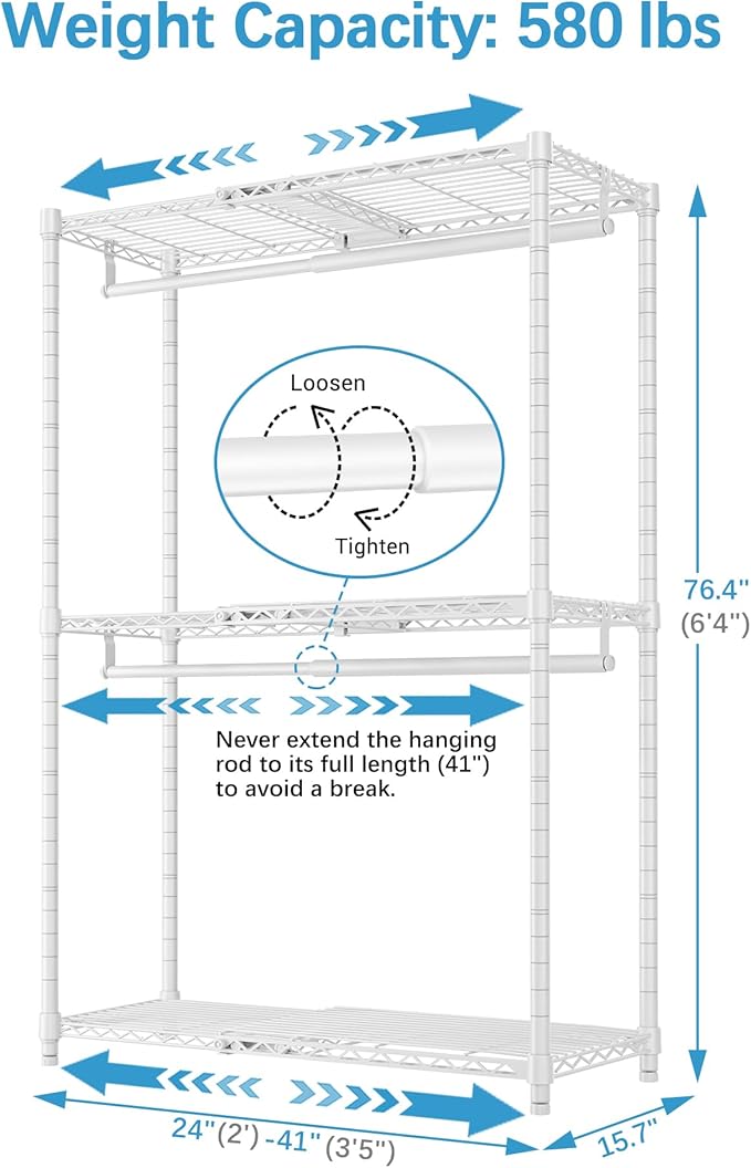 VIPEK X1 Expandable Clothes Rack Heavy Duty Adjustable from 2' to 3'5" with Flexible Shelves and Hanger Rods Metal Garment Racks Portable Closet Rack Clothing Racks for Hanging Clothes, White