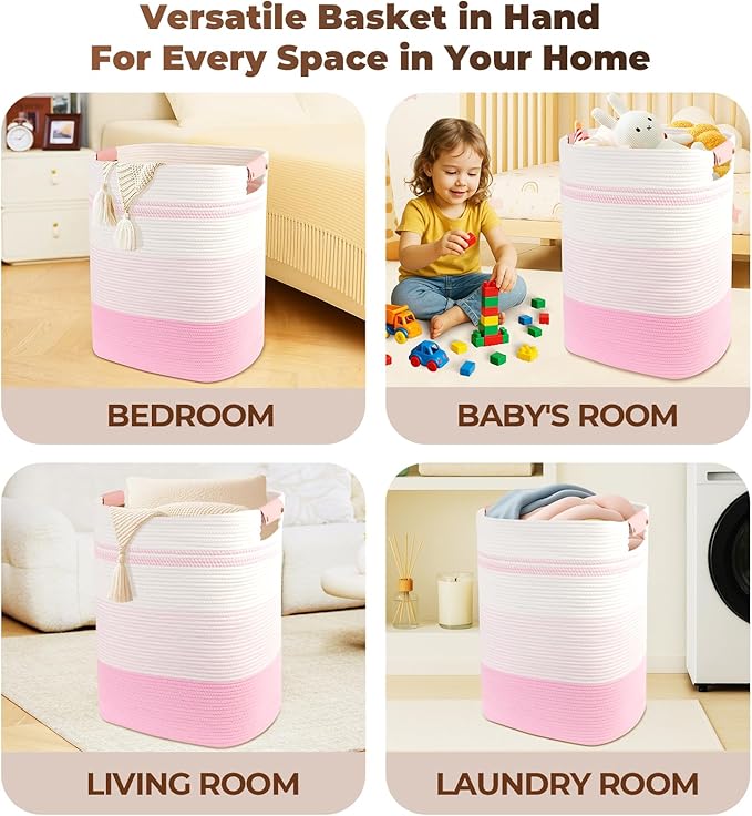 Laundry Basket with Handles - Blanket Basket & Hampers for Bedroom Aesthetic, Laundry Hamper & Blanket Storage for Living Room, Clothes Hamper, Tall, Large 17" x 14" x 22”, Pink & White