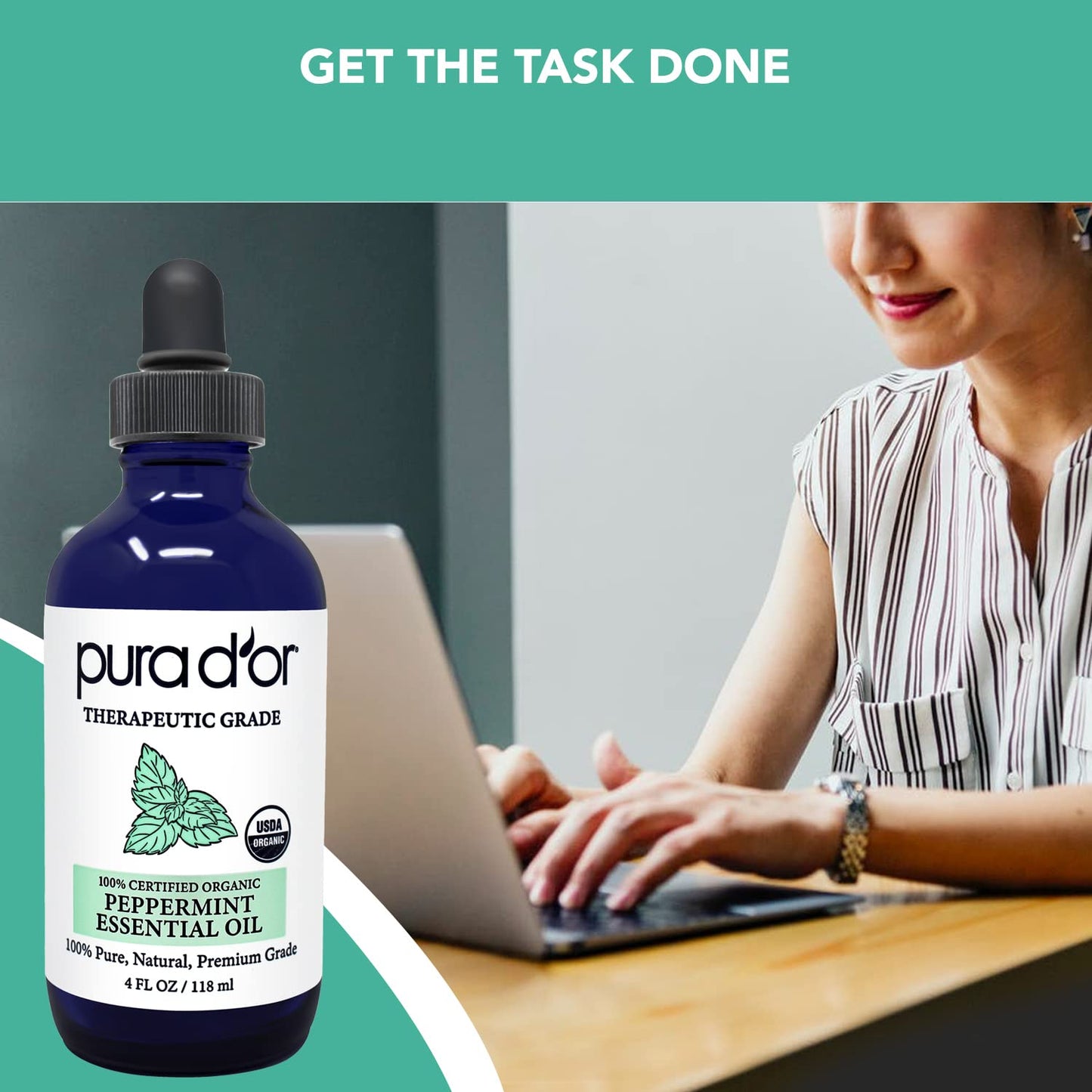 PURA D'OR Organic Peppermint Essential Oil (4oz with Glass Dropper) 100% Pure & Natural Therapeutic Grade - Hair, Body, Skin, Aromatherapy Diffuser, Massage, Refreshens, Energy, Mood, Home, DIY Soap