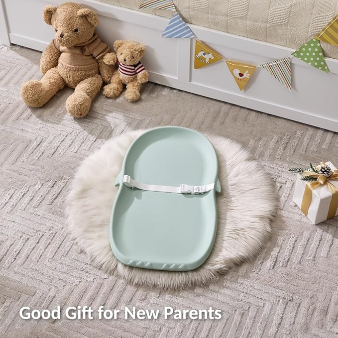 Luxury Little Portable EVA Baby Changing Pad Waterproof Changing Pad for Diaper Changes,Dressing,Baby Massage & Moisturizer Application,Soft & Non-Slip, Adjustable Safety Belt, Penguin Design,Green
