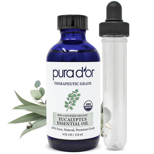 PURA D'OR Organic Eucalyptus Essential Oil (4oz with Glass Dropper) 100% Pure & Natural Therapeutic Grade for Hair, Body, Skin, Aromatherapy Diffuser, Relaxation, Massage, Home, DIY Soap