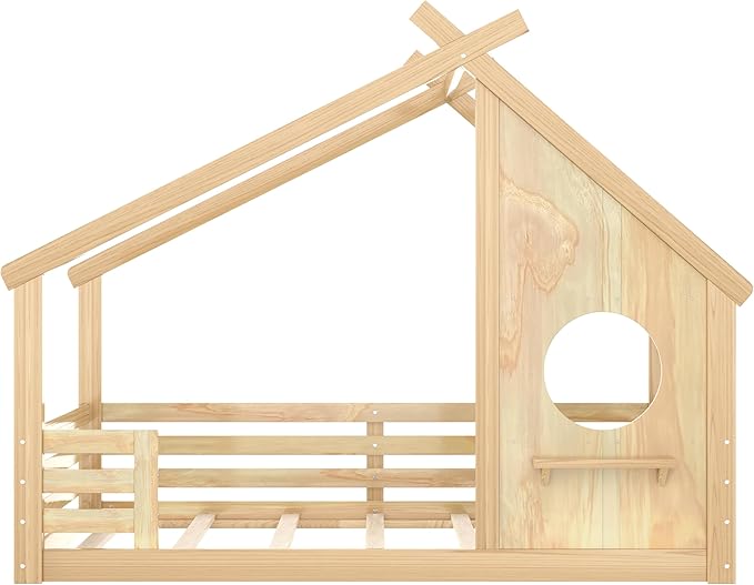 SOFTSEA Full Size Floor House Bed with Roof, Solid Wood Montessori Bed Frame with Slats and Guardrails, Kids Playhouse Floor Bed for Boys Girls, No Spring Box Needed, Natural