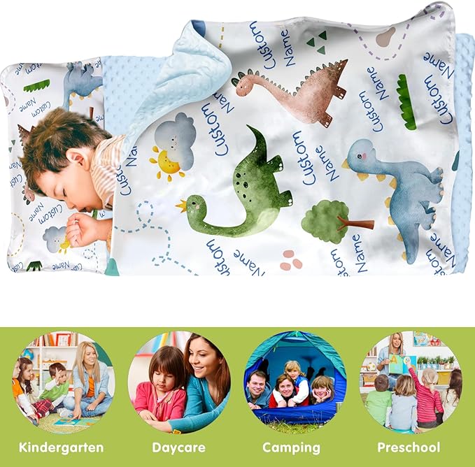 Personalized Toddler Nap Mats for Preschool, Custom Name Kids Sleeping Bag for Daycare, Roll Up Sleeping Mat with Removable Pillow and Soft Dot Minky Blanke for Boys Camping Travel