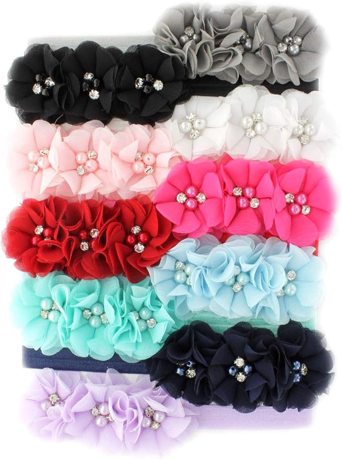 My Lello Flower Headbands Baby - Girls - Toddler Fabric Beaded Stretchy Elastic Pair