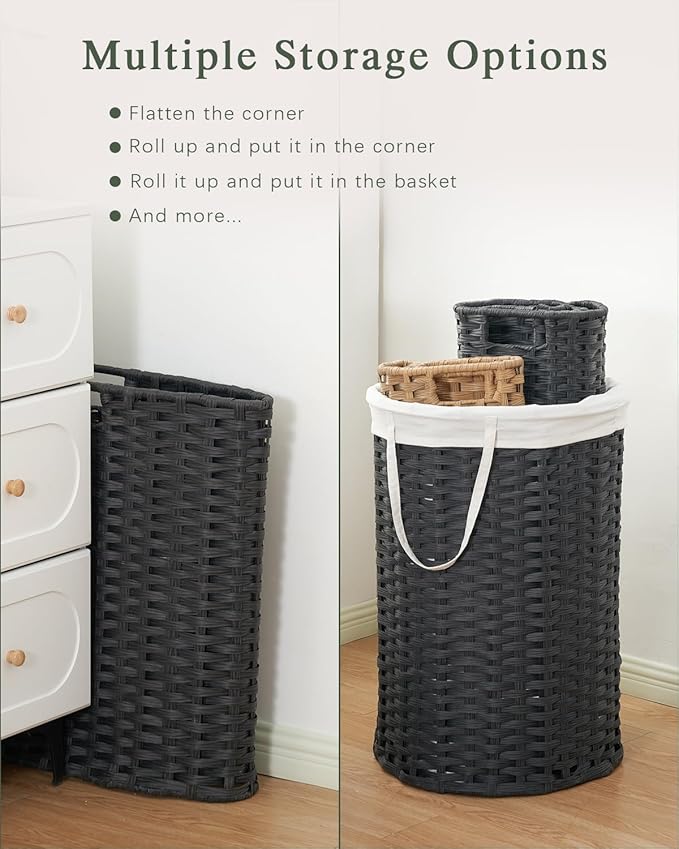 Large Laundry Hamper Laundry Basket Round 34.3 Gal (130 L) Handwoven Wicker Laundry Baskets Rattan Laundry Basket with Laundry Bag Handles 2 Mesh Bags for Living Room Bedroom Black
