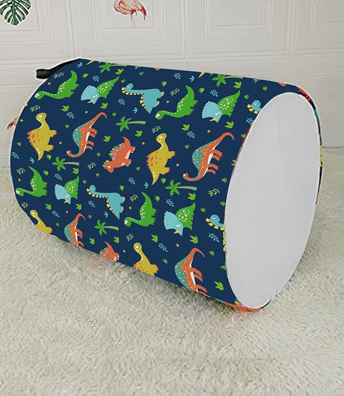 KUNRO Round Dinosaur Laundry Gift Basket Storage Hamper, Kids Toys and Clothes Storage Organizer Bins, Toy Shelf Basket with Handles for Room Decor