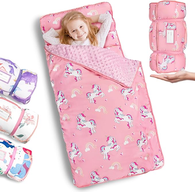 Primlect Thickened Toddler Nap Mat with Removable Pillow and Minky Blanket, Extra Large 55''x35'' Sleeping Bag, Washable, Roll up, Perfect for Daycare, Preschool, Kindergarten, Boys and Girls Pink