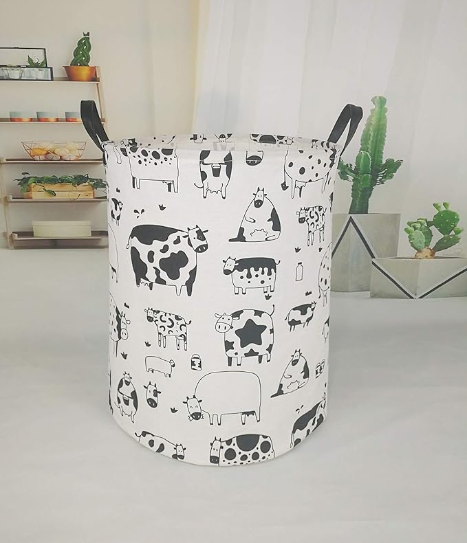 KUNRO Round Laundry Basket Hamper Kids Toys and Clothes Storage Basket Children Gift Basket Baby Toy Organizer Bins for Room Decor (Cow)
