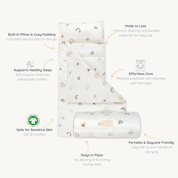 Makemake Organics GOTS Certified Organic Cotton Nap Mat with Detachable Pillow for Kids Soft Sleeping Bag for Toddlers, Boys, Girls - Ideal for Daycare, Preschool, Kindergarten