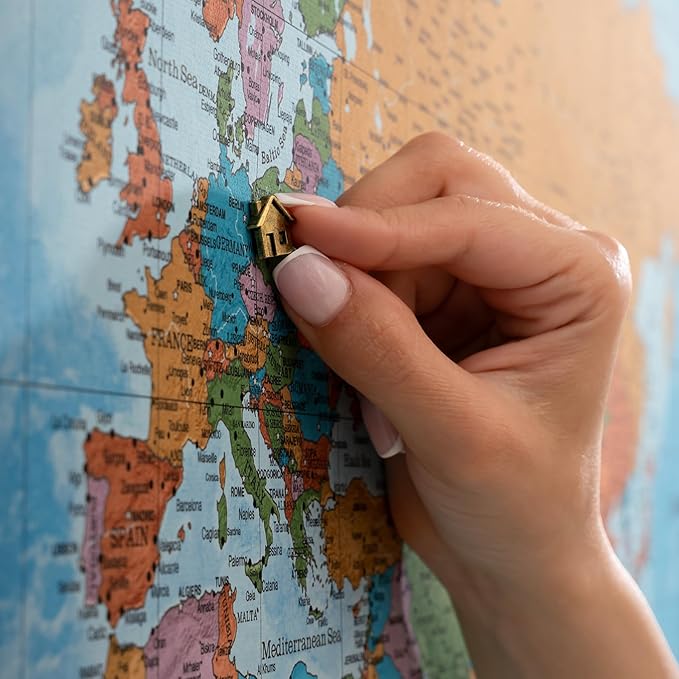 Canvas World Map with Cork Pin Board - English Lettering - Decorative Wall Decoration for All Rooms - Canvas Pictures with World Map Motif (90x60 cm, Pattern 21)