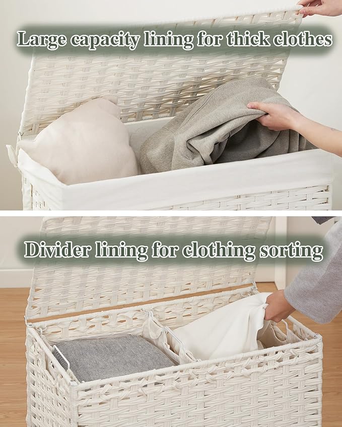 Laundry Hamper with Lid Wicker Laundry Basket 112 L (29.6 Gal) Laundry Hampers Handwoven Rattan Clothes Hamper with Handles 3 Removable Liner Bag, 6 Mesh Bags for Bathroom Bedroom White