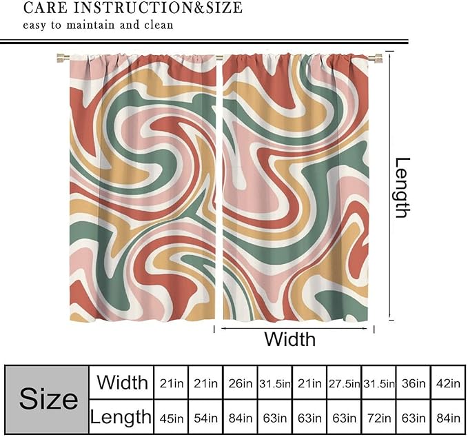 70S Abstract Wavy Swirl Curtain for Bedroom Windows,Retro Boho Minimal Teen Girls Kids Living Room Restroom Window Treatments Drapes 63"" W X 63"" L, Style-4