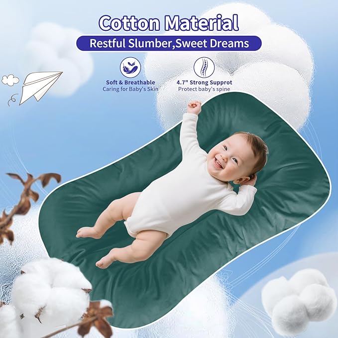 Baby Lounger 0-24 Months 100% Cotton-Snuggle Cozy Me Lounger,Soft & Breathable Tummy Time Mat for Newborn Infant Play Mat,Babies Essentials Gifts,Green(Lounger Cover Included)