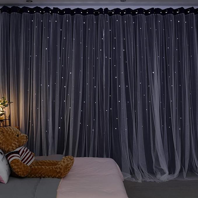 Kinryb Kids Star Cutout Curtains for Bedroom/Living Room/Classroom,2 Free Tiebacks Sheer Overlay 2 Panel Set, Double Layer Curtains for Kids Room(Each Piece W70 x L95 Inches 2 Pcs Navy Blue)