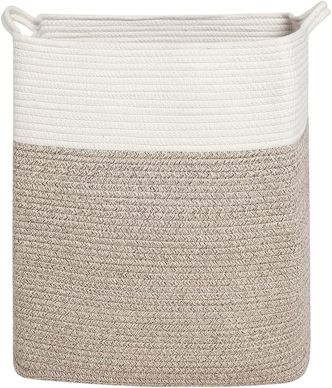 Tall Laundry Basket With Handles,Woven Cotton Rope Big Laundry Hamper Sorters,Versatile Storage for Dirty Clothes,Baby Toys,and Blankets in Bathroom, Nursery,and Living Room (White Brown, 80L)