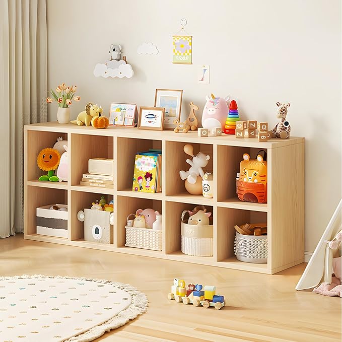10 Cube Storage Organizer, Cubby Storage Organizer, Cube Shelf with Back Plate, Wooden Kids Bookcase for Toy, Solid Wood Cube Storage for Living Room/Bedroom/Hallway/School, Easy to Install