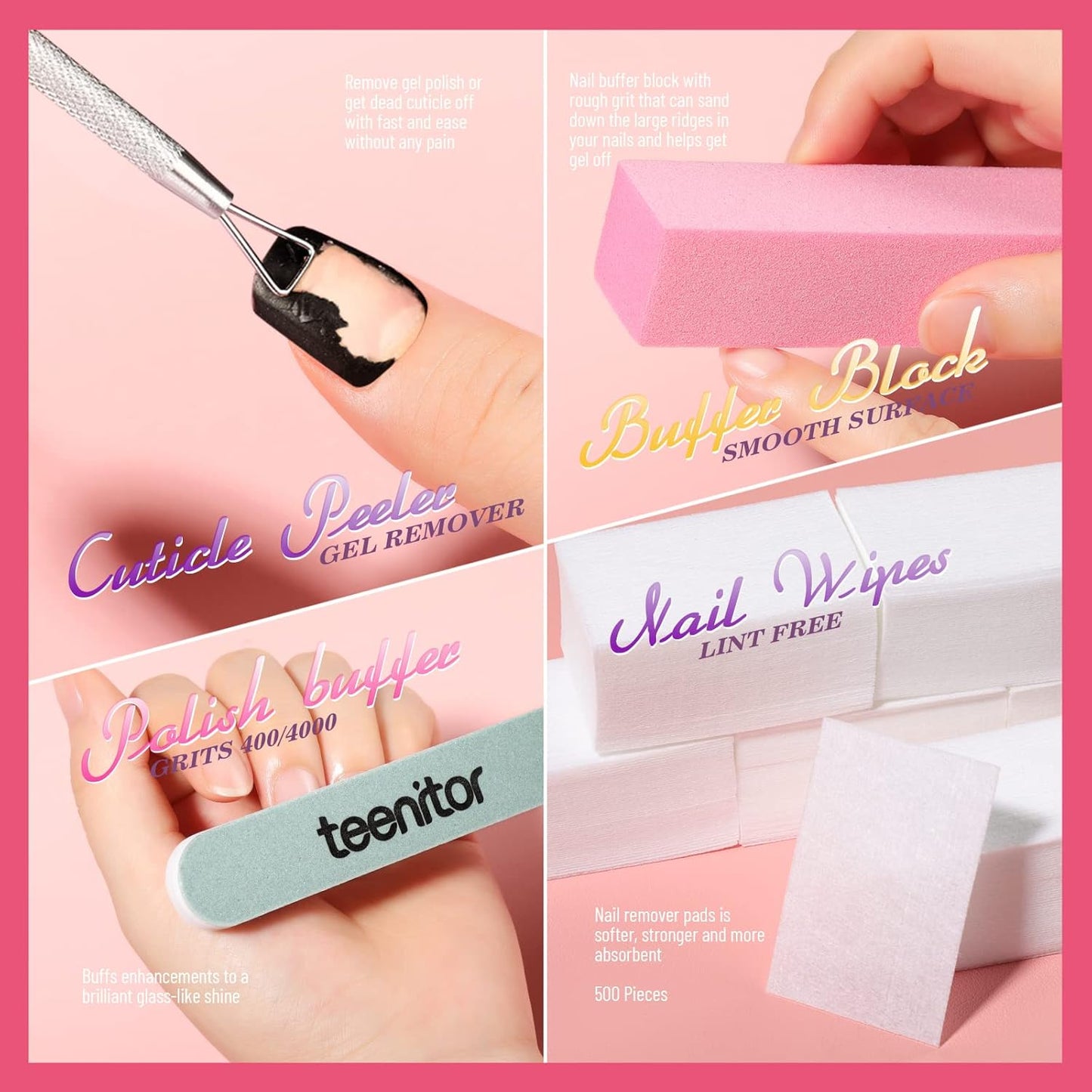 Teenitor Gel Polish Remover Kit, Nail Clips, Cuticle Nipper Cuticle Pusher, Nair Care Cuticle Oil, Teenitor Nail Gel Polish Dipping Powder Remover Tools Kit Pink