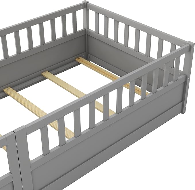 Twin Size Floor Bed with High Fence, Door and Slats, Twin Floor Bed with Slats(Gray Twin)