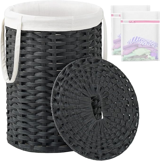 Laundry Hamper with Lid Laundry Basket with Lid 19.0 Gal (72 L) Round Wicker Laundry Basket Handwoven Rattan Basket with Lid Removable Bag 2 Mesh Bags Handles for Living Room Bathroom Black