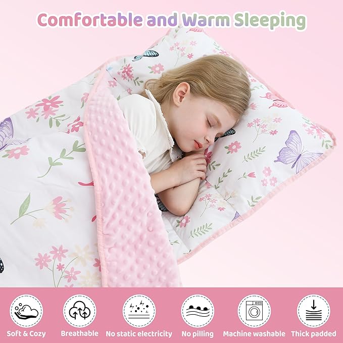 Viviland Toddler Kid Nap Mat for Preschool, White Butterfly Slumber Bag, Daycare Sleeping Bag with Pillow and Blanket, Kindergarten Sleep Mat