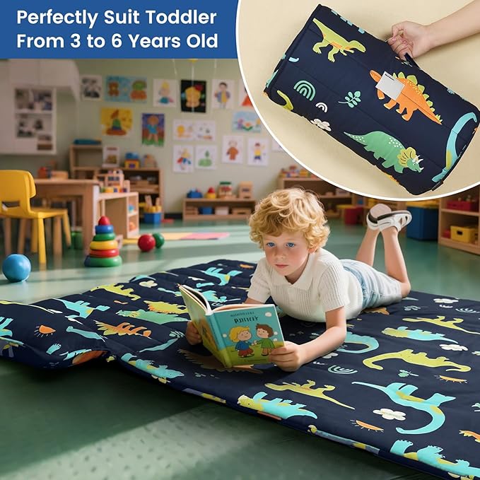 PHF Large Dinosaur Toddler Nap Mat Set, with Removable Pillow for Toddler Boys, Soft and Lightweight for Daycare, Preschool, Travel, Kindergarten Sleeping Bag, Fits Ages 3-6 Years, Large Dinosaur