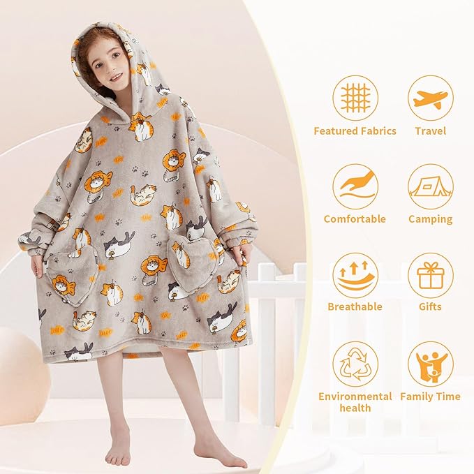 Fiosnow Cat Blanket Hoodies for Kids 6-13YR Oversize Wearable Blanket Hoodies for Boys Girls Teens