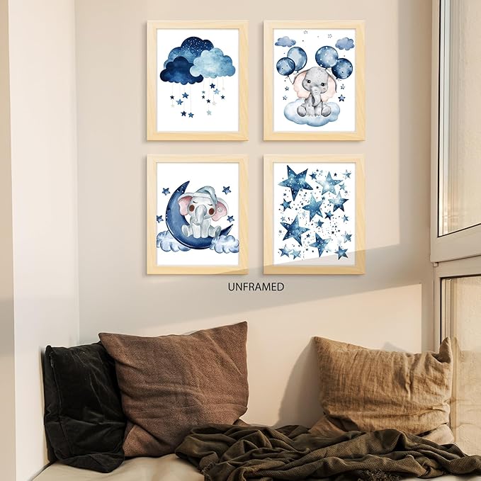 PUHEI Elephant Nursery Wall Art Prints Set of 4, Moon and Stars Nursery Wall Posters Decor for Boys Girls Room, Elephant Baby Gifts for Boys Twins Poster Prints (8x10 Inches UNFRAMED)
