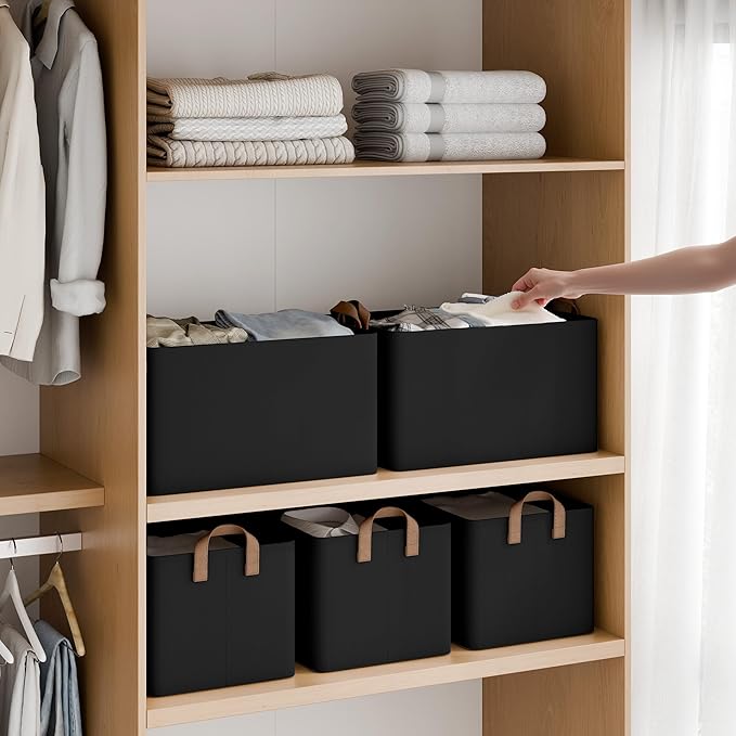 StorageWorks Storage Bins, Fabric Storage Bins for Shelves, Large Storage Baskets with Metal Frame, Closet Baskets and Bins with Handles, Black, 2-Pack