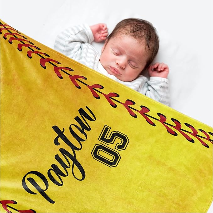 Personalized Softball Kids Blanket with Naumber and Name - Custom Sport Bed Blankets Gift for 0-3 Months Baby Essential - Super Warm and Comfortable 60x80inch