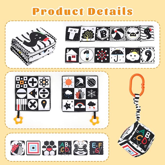 3 Pcs High Contrast Baby Toys for Newborns, 0-3 Months, 0-6 & 6-12 Months Soft Infant Toys - Montessori Learning Activities for Babies, Boys & Girls Gifts