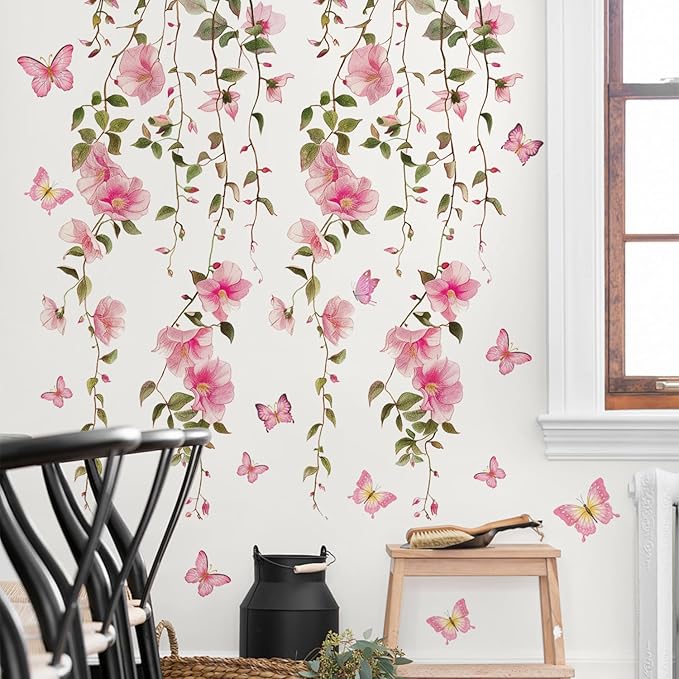 2 Sheets Removable Hanging Pink Vine Flowers Wall Decal Green Leaves Wall Decal DIY Pink Butterfly Stickers Self-Adhesive Art Decor for Girls Room Living Room Bedroom TV Backdrop Decor