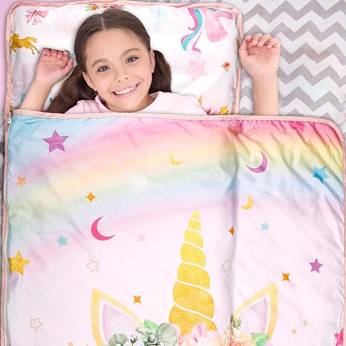 Toddler Nap Mat with Removable Pillow and Soft Dot Minky Blanket Pea Pod Kids Unicorn Napping Mats, Extra Large Rolled Slumber Bags for Girls Preschool, Daycare, Camping, 22 x 54inches Ages 3-7 Years