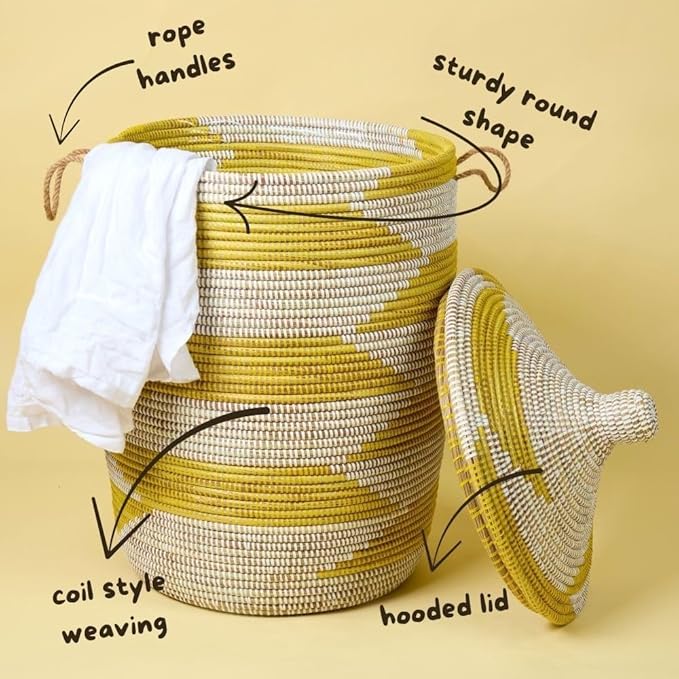 Tall Large Decorative Wicker Storage Basket with Lid, Laundry Hamper, Blanket Storage, Toys Bin, Clothes Holder, Boho Style (Yellow White)