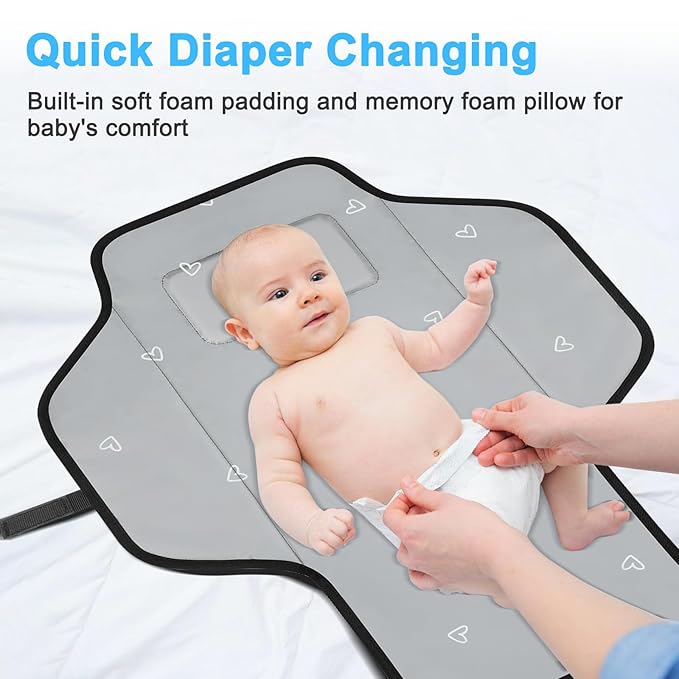 Baby Portable Changing Pad Travel - Waterproof Compact Diaper Changing Mat with Built-in Pillow - Lightweight & Foldable Changing Station, Newborn Shower Gifts