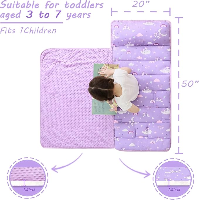 Toddler Nap Mat with Pillow and Blanket, Extra Large Rolled Napping Mats,Slumber Bags for Boys Girls,Kids Sleeping Bag for Daycare, Preschool Travel Camping