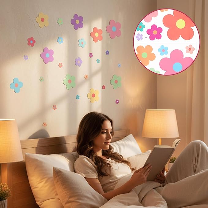 9 Sheets Colorful Flowers Wall Decals, Cute Daisy Self-Adhesive Wall Stickers, Removable Floral Wall Decor, Vinyl Peel and Stick Flower Sticker for Girls Teen Nursery Bedroom Dorm Kindergarten
