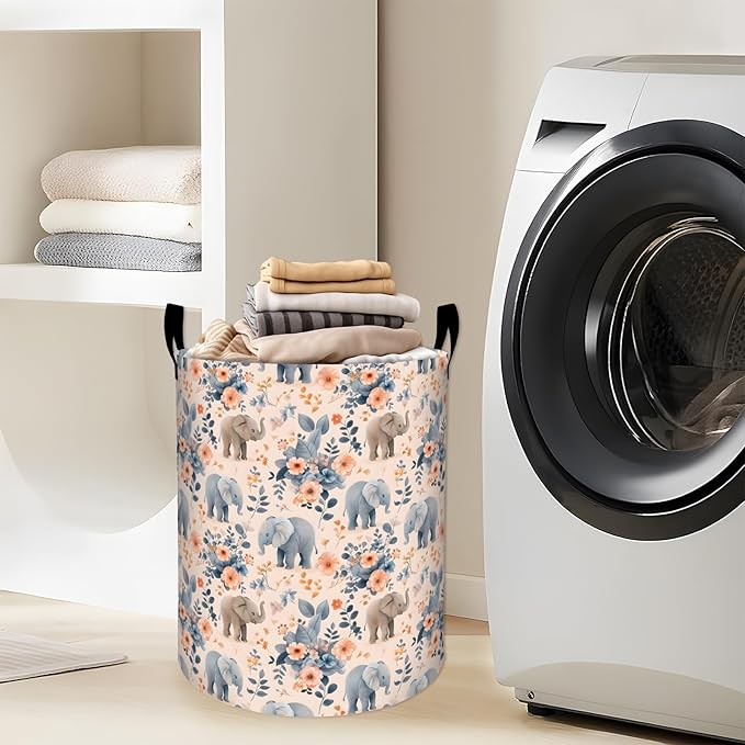 Gentle Elephant with Pastel Floral Laundry Basket with Handles, 19.7"x15.7" Clothes Foldable Laundry Hamper Organizer for Dorm Nursery Bedroom Bathroom Decor, Toy Storage Bin for Kids