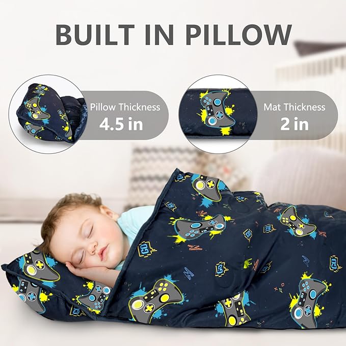 Primlect Thickened Toddler Nap Mat with Removable Pillow and Minky Blanket, Extra Large 55''x35'' Sleeping Bag, Washable, Roll up, Perfect for Daycare, Preschool, Kindergarten, Boys and Girls