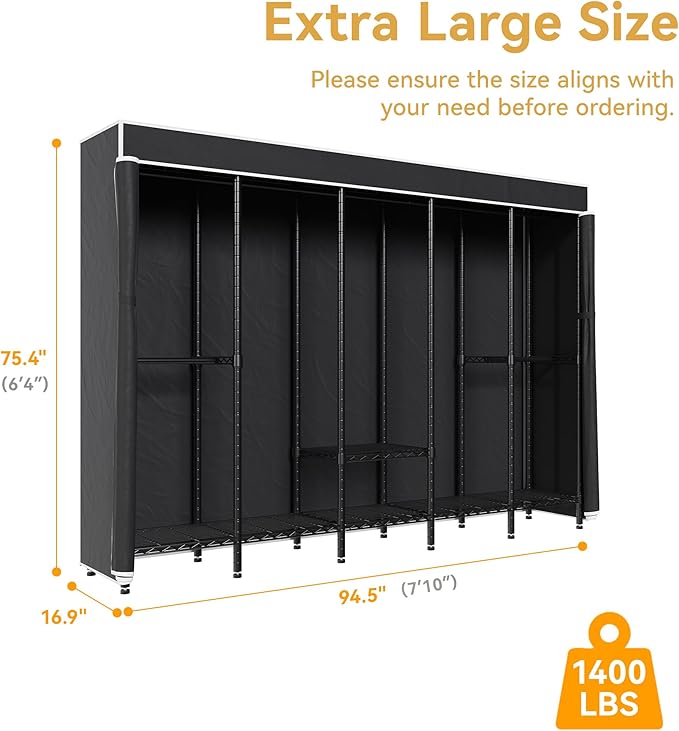 94.5"W Heavy Duty Clothing Rack with Cover, H5C Garment Rack with Adjustable Shelves Freestanding Wardrobe Closet with Hanging Rods Portable Closet, Black Rack with Black Cover, Load 1400 lbs