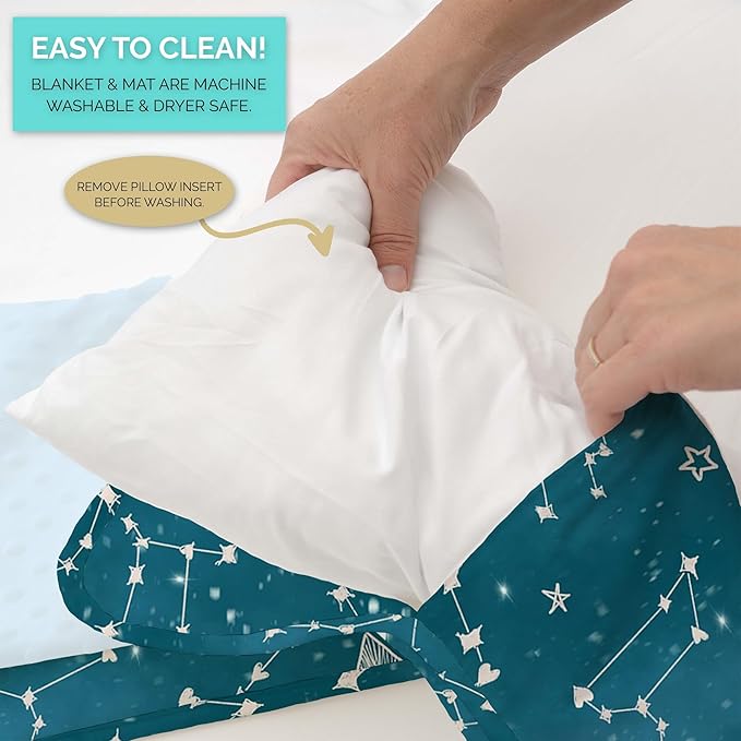 JumpOff Jo Nap Mat for Kids - Cozy Kids Rest Mat with Removable Pillow and Ultra Soft Blanket for Preschool, Daycare, and Sleepovers - Night Sky