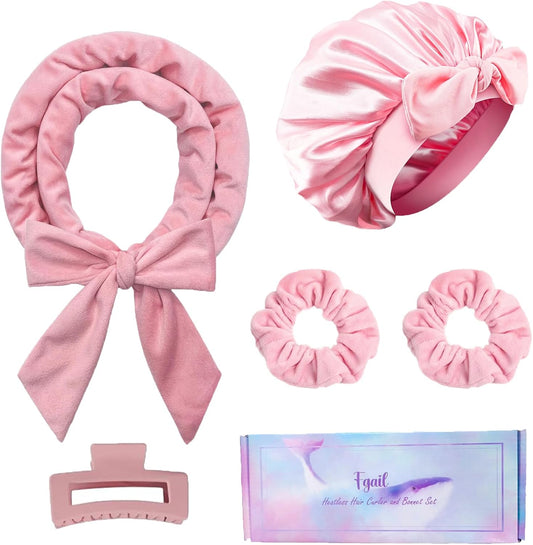 Heatless Hair Curler and Double Layer Satin Bonnet Set for Overnight Curls - No Heat Curling Rod with silk Bonnet, Sleep-In Safe for Long/Medium Hair, Frizz-Free Waves & Volume(Pink)