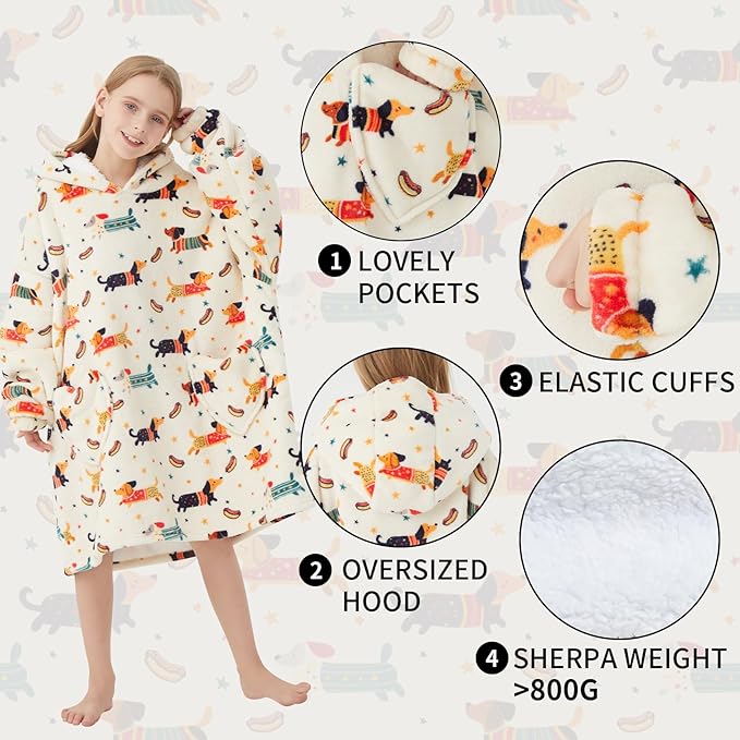 Fiosnow Dachshund Blanket Hoodies for Kids 6-13YR Oversize Wearable Blanket Hoodies for Boys Girls Teens