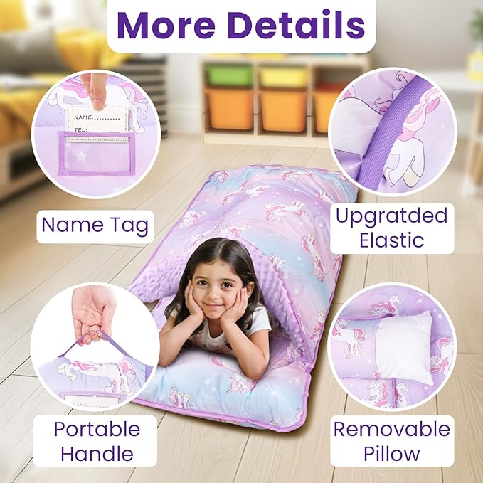 Toddler Nap Mat with Pillow and Minky Blanket, Large 55"x35" Sleeping Bag, Washable, Lightweight, Easy to Roll, Perfect for Preschool, Daycare, Kindergarten, Travel, Boys and Girls