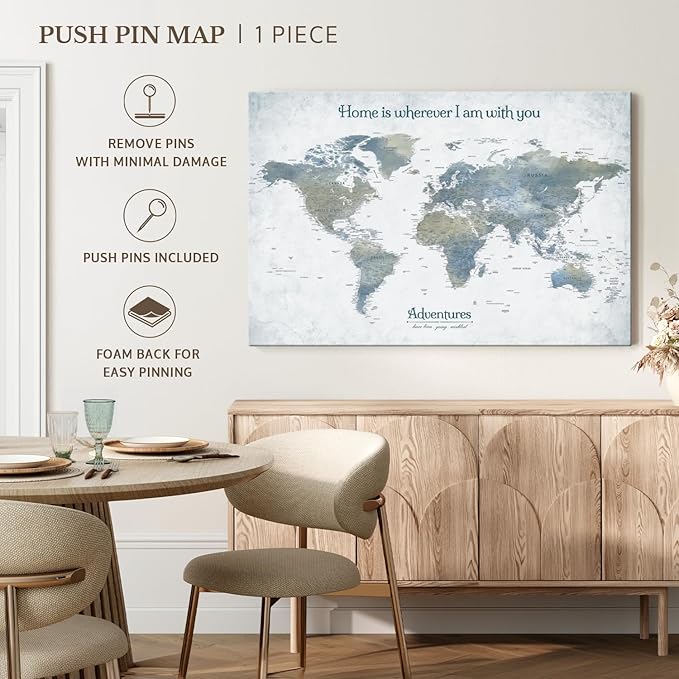 ElephantStock - Home With You II Push Pin World Map Wall Art - Horizontal Canvas Wall Art - Living Room Wall Decor - Digital Art Map Canvas Art - Blue And Gray Decor - 24" x 16"