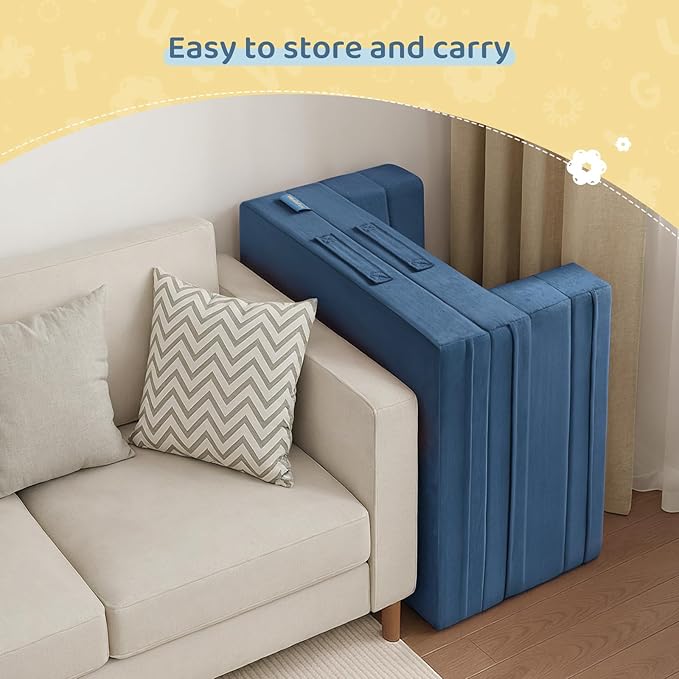 Travel Toddler Bed, 3-in-1 Convertible Sofa Bed for Toddler Portable Floor Beds, Flip Open Sofa Lounger for Girls and Boys, Made with High-Density Foam and Washable Cover,Blue