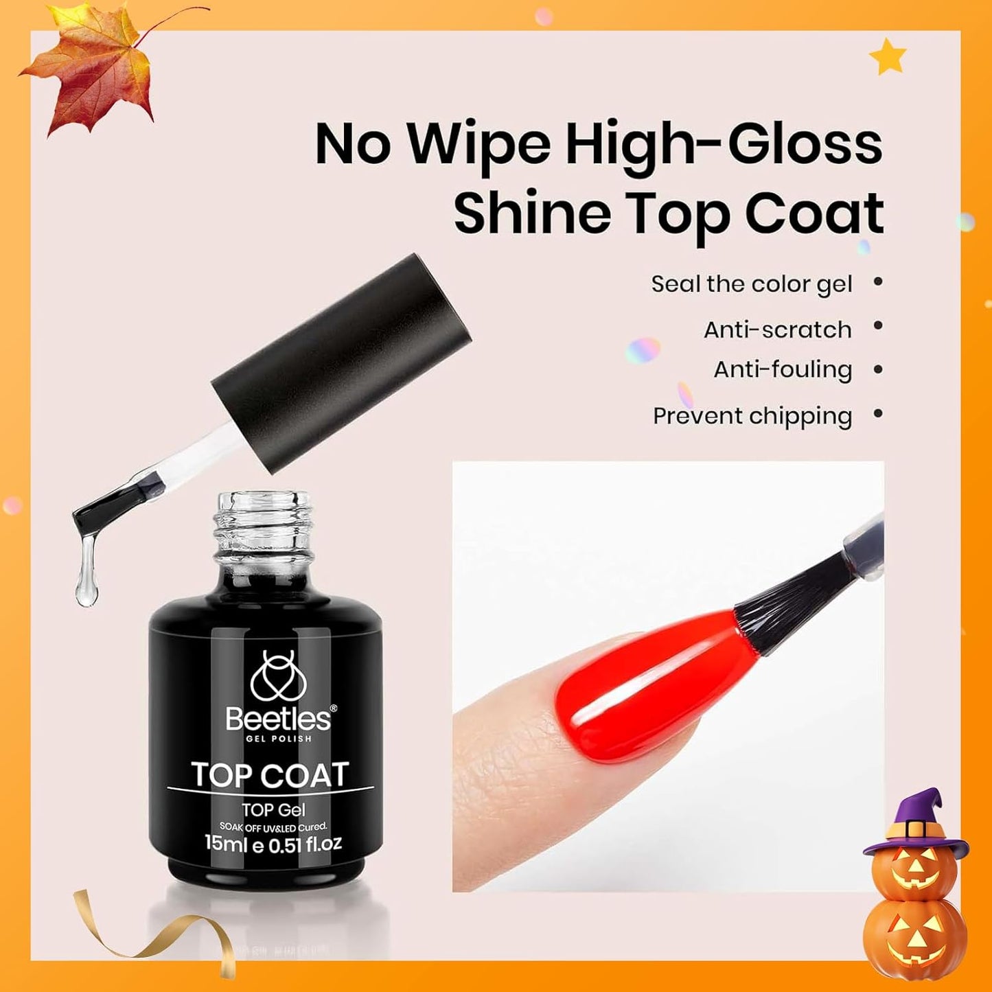 beetles Gel Polish No Wipe Gel Top Coat - Clear Color Top Coat Gel Nail Polish Shine Finish and Long Lasting, Soak Off Nail Lamp, 15ml Fall Gifts for Girls