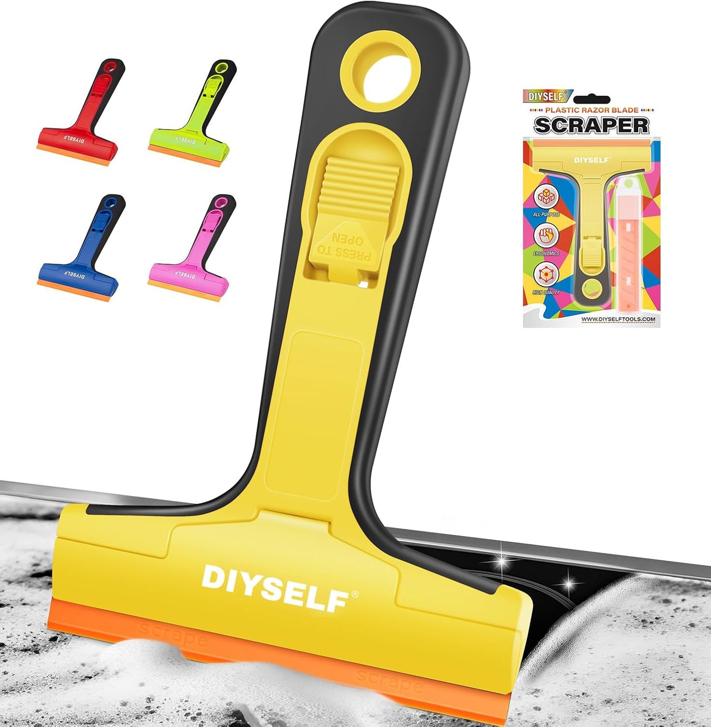 DIYSELF-Razor-Blade-Scraper, 1 Pack Razor Blade Scraper, Extra 5 PCS Orange Plastic Blades, Razor Blade Scraper Tool for Cleaning, Glass Scraper for Windows, Razor Scraper Tool for Car, Cooktop